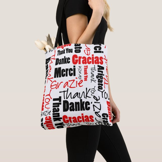 Black and Red Thank You Word Cloud Tote Bag (Close Up)