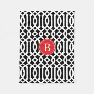 Black and Red Trellis Pattern Monogram Fleece Blanket