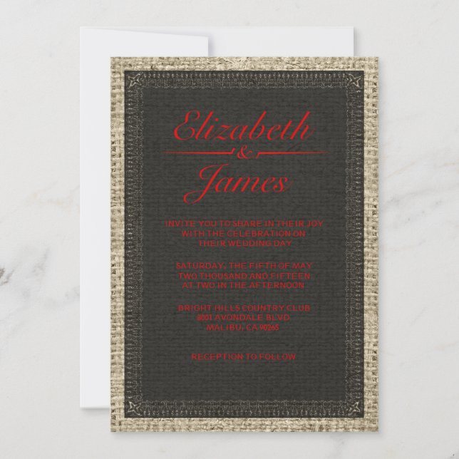 Black and Red Vintage Burlap Wedding Invitations (Front)