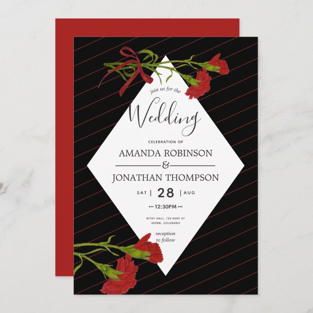 Black and red Wedding Carnations theme invitation (Front/Back)