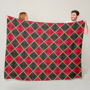 Black and Red with Gold Squares Fleece Blanket