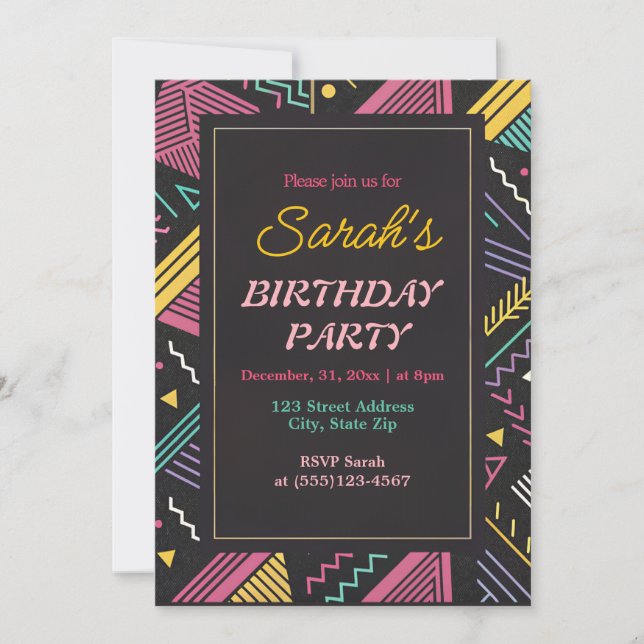 Black and Retro Colourful Birthday Party  Invitation (Front)
