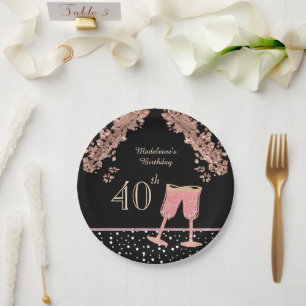 Black and Rose Gold 40th Birthday Round Paper Plate