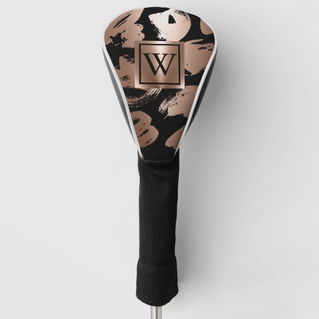 Black and Rose Gold Abstract Brush Golf Head Cover (Front)