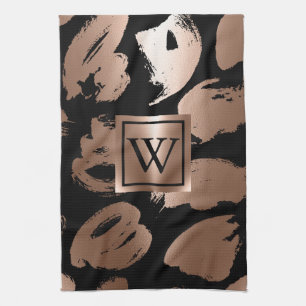 Black and Rose Gold Abstract Brush Tea Towel