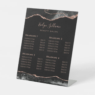 Black and Rose Gold Agate Beauty Salon Price List Pedestal Sign