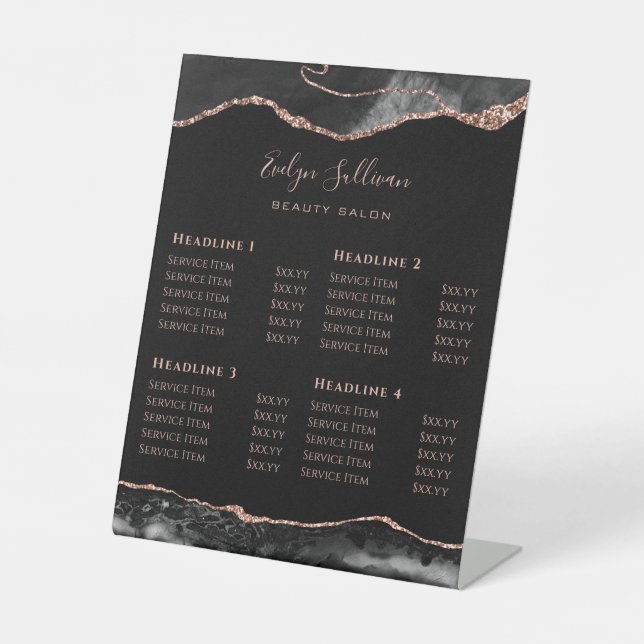 Black and Rose Gold Agate Beauty Salon Price List Pedestal Sign (Front)