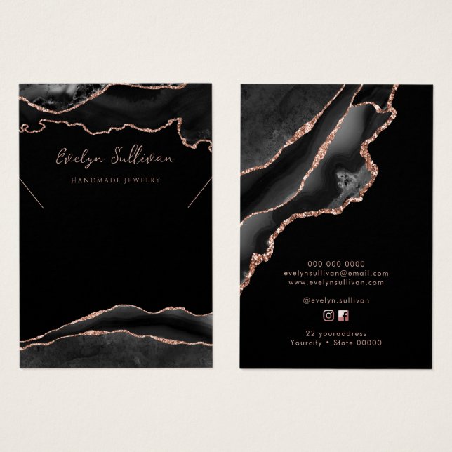 Black and rose gold agate necklace display card (Front & Back)