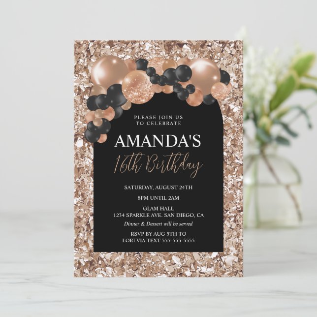 Black and Rose Gold Balloon Arch Birthday Invitation (Standing Front)