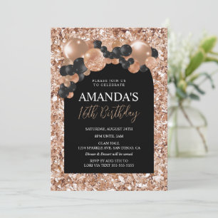 Black and Rose Gold Balloon Arch Birthday Invitation