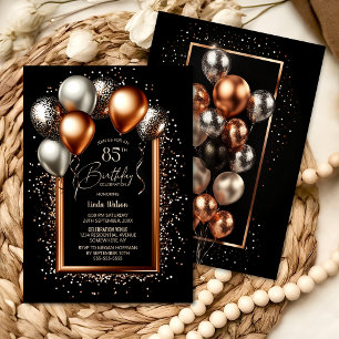 Black and Rose Gold Balloons 85th Birthday Party Invitation