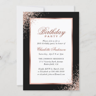 Black and Rose Gold Confetti Birthday Party Invitation