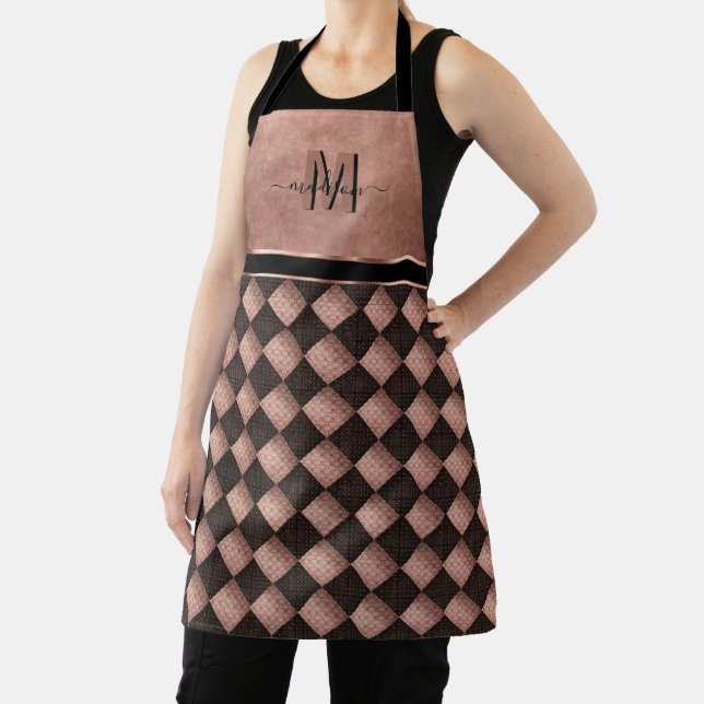 Black and Rose Gold Diamond Pattern with Monogram Apron (Insitu)
