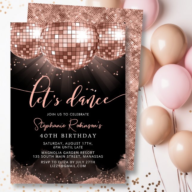Black and Rose Gold Disco Ball 40th Birthday Party Invitation (Creator Uploaded)