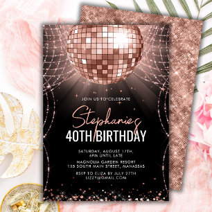 Black and Rose Gold Disco Ball 40th Birthday Party Invitation