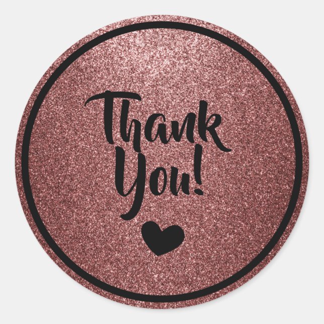Black and Rose Gold Faux Glitter Thank You Classic Round Sticker (Front)