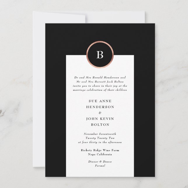 Black and Rose Gold Foil Circle Monogram Wedding Invitation (Front)