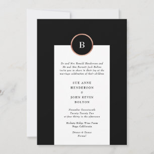 Black and Rose Gold Foil Circle Monogram Wedding Invitation