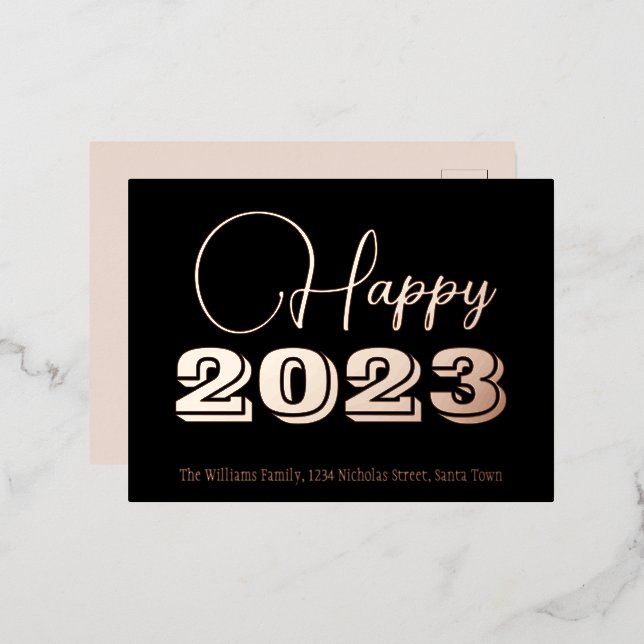 Black and Rose Gold Foil Happy New Year 2023 Foil Holiday Postcard (Front/Back)