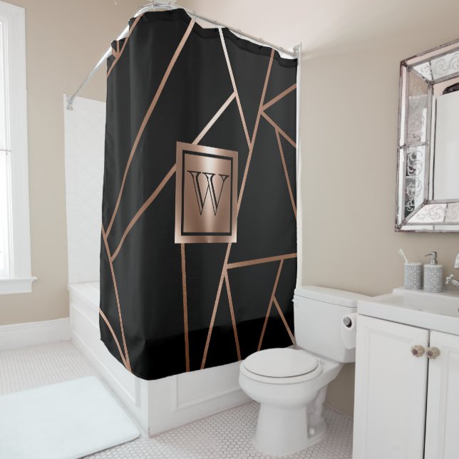 Black and Rose Gold Geometric Shower Curtain (In Situ)