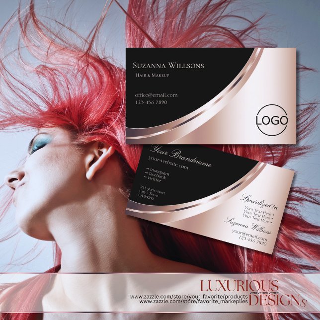 Black and Rose Gold Glam Decor with Logo Luxurious Business Card (by Your_Favorite - www.zazzle.com/store/your_favorite)