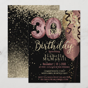 Black and Rose Gold Glitter 30th & Dirty Birthday Invitation