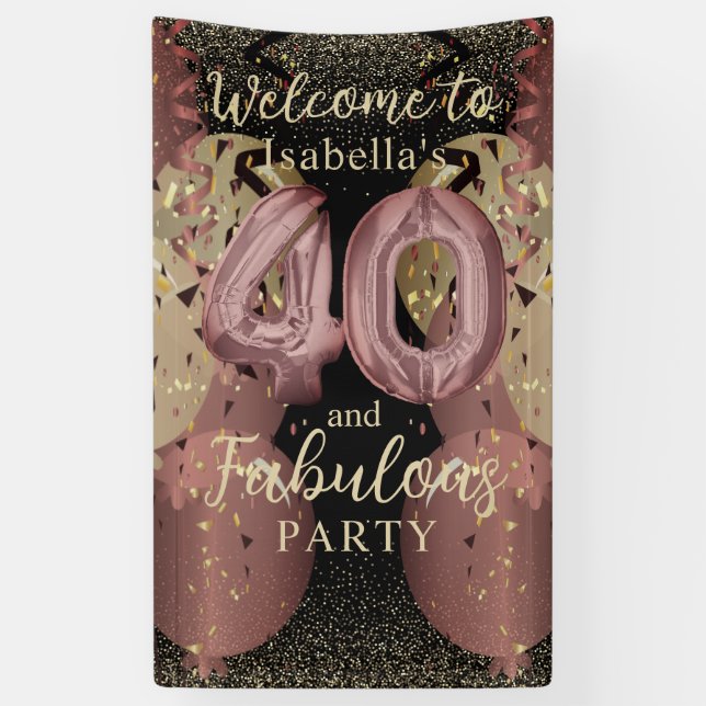 Black and Rose Gold Glitter 40th Birthday Banner (Vertical)