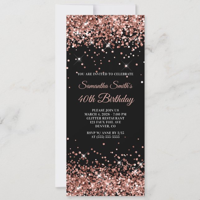 Black and Rose Gold Glitter 40th Birthday Invitation (Front)