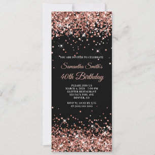 Black and Rose Gold Glitter 40th Birthday Invitation