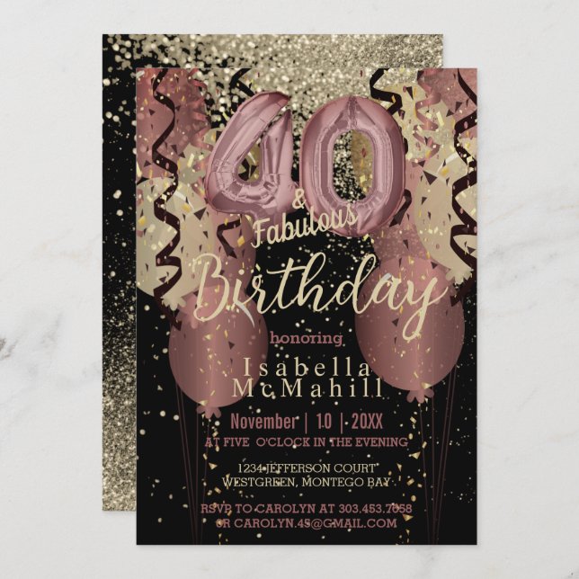 Black and Rose Gold Glitter 40th Birthday Invitation (Front/Back)