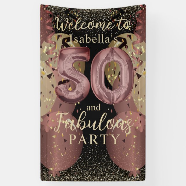 Black and Rose Gold Glitter 50th Birthday Banner (Vertical)