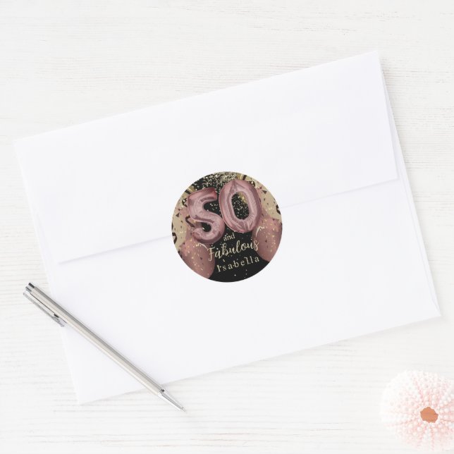 Black and Rose Gold Glitter 50th Birthday Classic Round Sticker (Envelope)