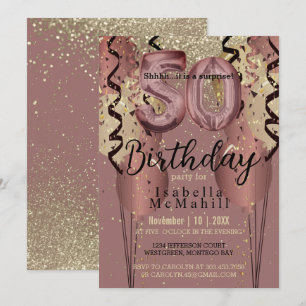 Black and Rose Gold Glitter 50th Birthday Invitation