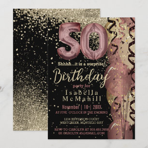 Black and Rose Gold Glitter 50th Birthday Invitation