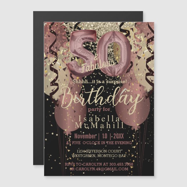 Black and Rose Gold Glitter 50th Birthday Magnetic Invitation (Front/Back)
