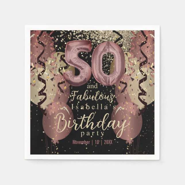 Black and Rose Gold Glitter 50th Birthday Napkin (Front)