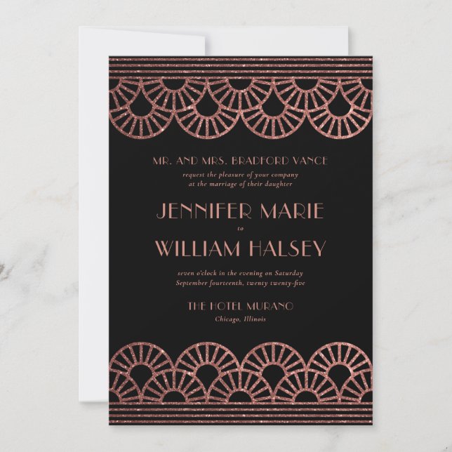 Black and Rose Gold Glitter Art Deco Fan Wedding Invitation (Front)