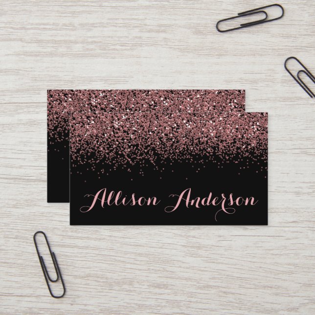 Black and Rose Gold Glitter Business Cards (Front/Back In Situ)