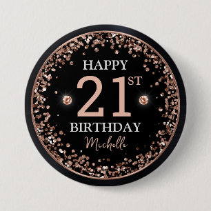 Black and Rose Gold Glitter Confetti Birthday 7.5 Cm Round Badge