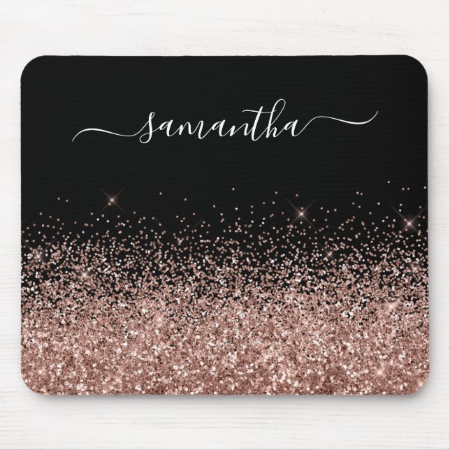 Black and Rose Gold Glitter Elegant Name Mouse Mat (Front)