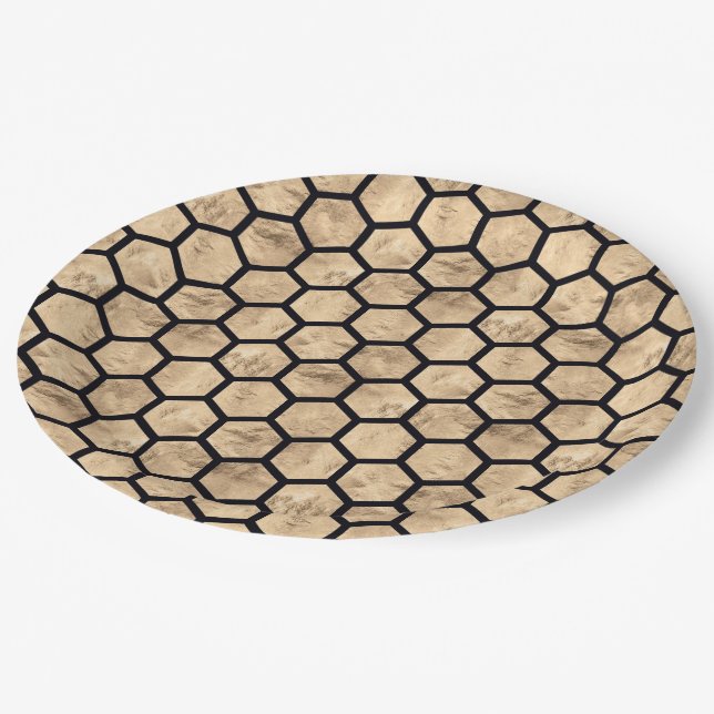 Black and rose gold honeycomb graphic pattern paper plate (Angled)