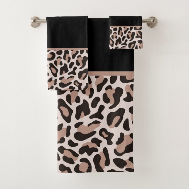 Black and Rose Gold Leopard Print Trendy Bath Towel Set (Insitu)