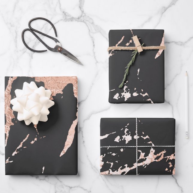 Black and Rose Gold Marble Look Wrapping Paper Sheet (Front)