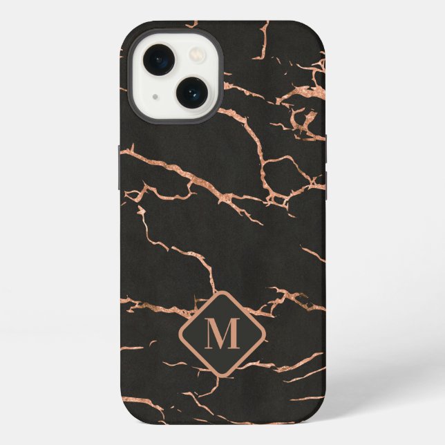 Black and rose gold marble texture monogram iPhone case (Back)