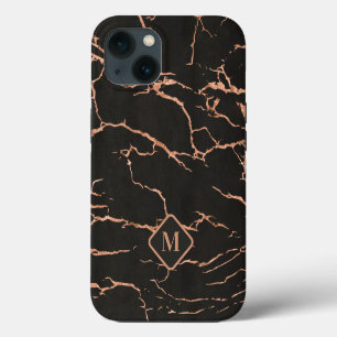 Black and rose gold marble texture monogram iPhone 13 case