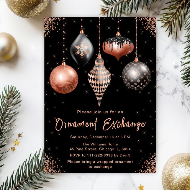 Black and Rose Gold Ornament Exchange Party Invitation (Creator Uploaded)
