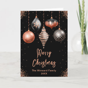 Black and Rose Gold Ornaments Merry Christmas Holiday Card