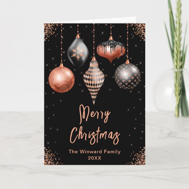 Black and Rose Gold Ornaments Merry Christmas Holiday Card (Front)