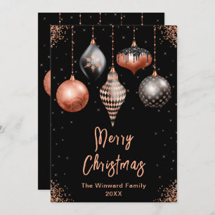 Black and Rose Gold Ornaments Merry Christmas Holiday Card