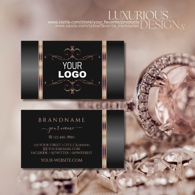 Black and Rose Gold Ornate Ornaments with Logo Business Card (Creator Uploaded)